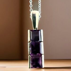 Amethyst Necklace Signed VJ India Sterling Silver Pendant w/Sterling Plate Chain